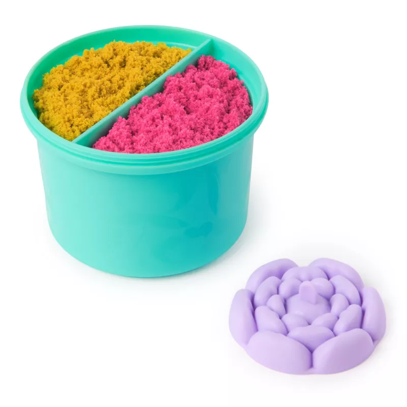 Kinetic Sand SquishBlossom Žydinti Gėlė – Velykų krepšelio užpildas, 8 uncijos neoninė geltona ir rožinė formuojama žaidimo smėlis, vazonėlis ir formelės, sensoriniai žaislai vaikams