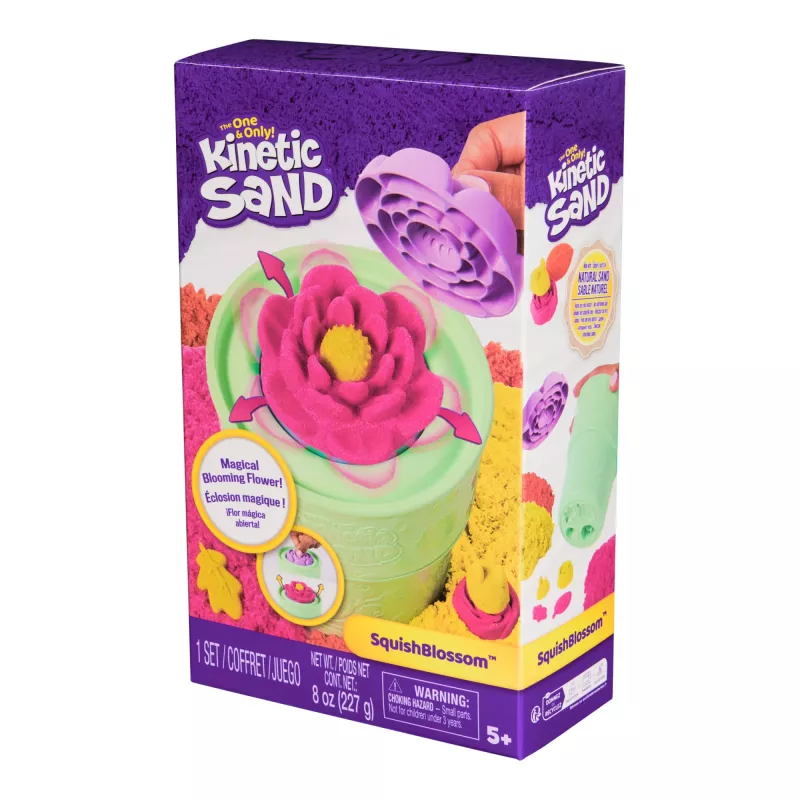 Kinetic Sand SquishBlossom Žydinti Gėlė – Velykų krepšelio užpildas, 8 uncijos neoninė geltona ir rožinė formuojama žaidimo smėlis, vazonėlis ir formelės, sensoriniai žaislai vaikams