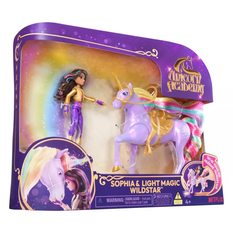 Lėlė Sophia su švytinčiu vienaragiu Wildstar, Unicorn Academy, 241 mm, LR44 baterijos