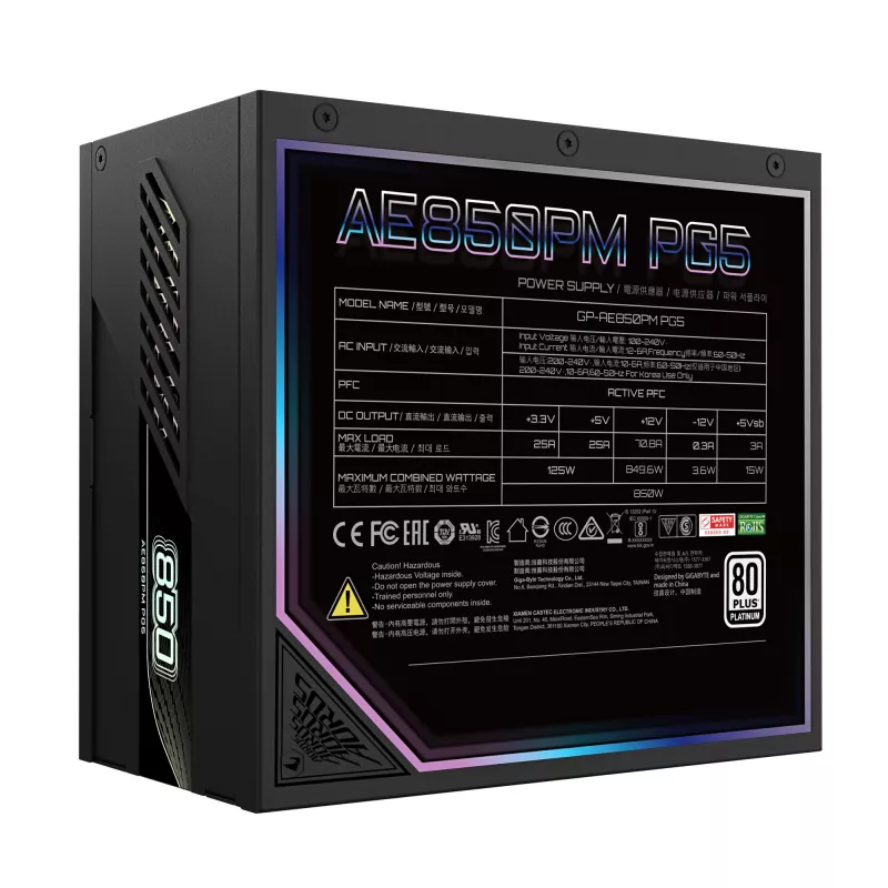 Maitinimo blokas GIGABYTE AORUS ELITE P850W – PCIe 5.0, 80 PLUS Platinum, pilnai modulinis, 120 mm ventiliatorius, ATX 3.0, EU kištukas