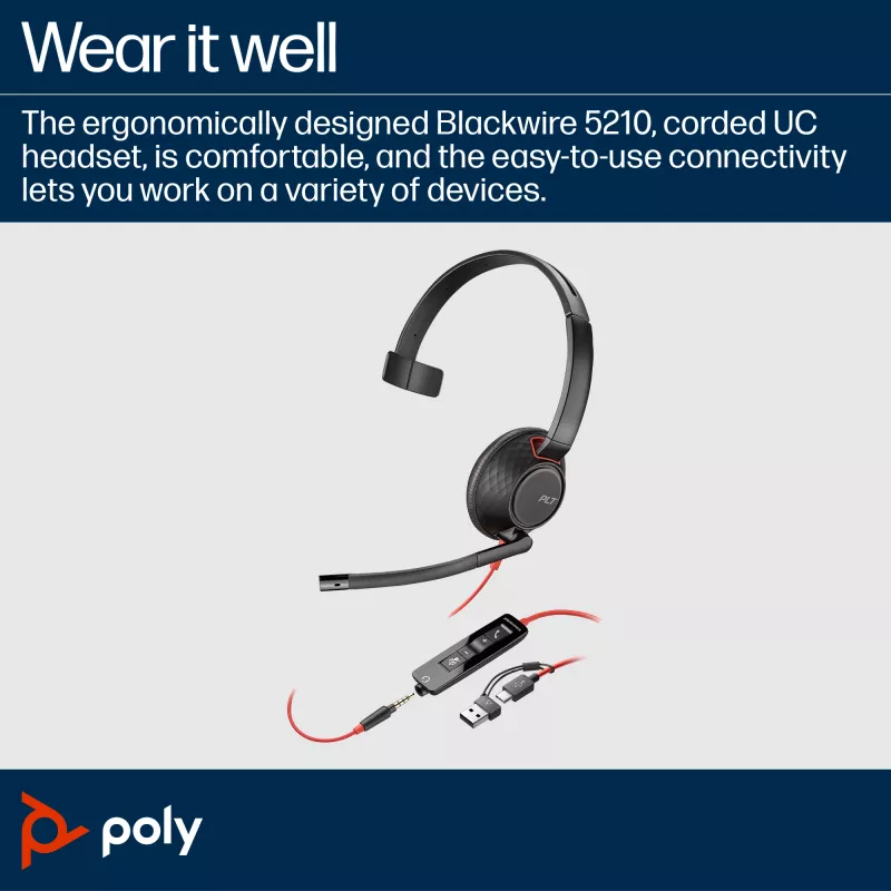 HP Poly Blackwire 5210 Monofoninė ausinė USB-C + 3,5 mm kištukas + USB-C/A adapteris