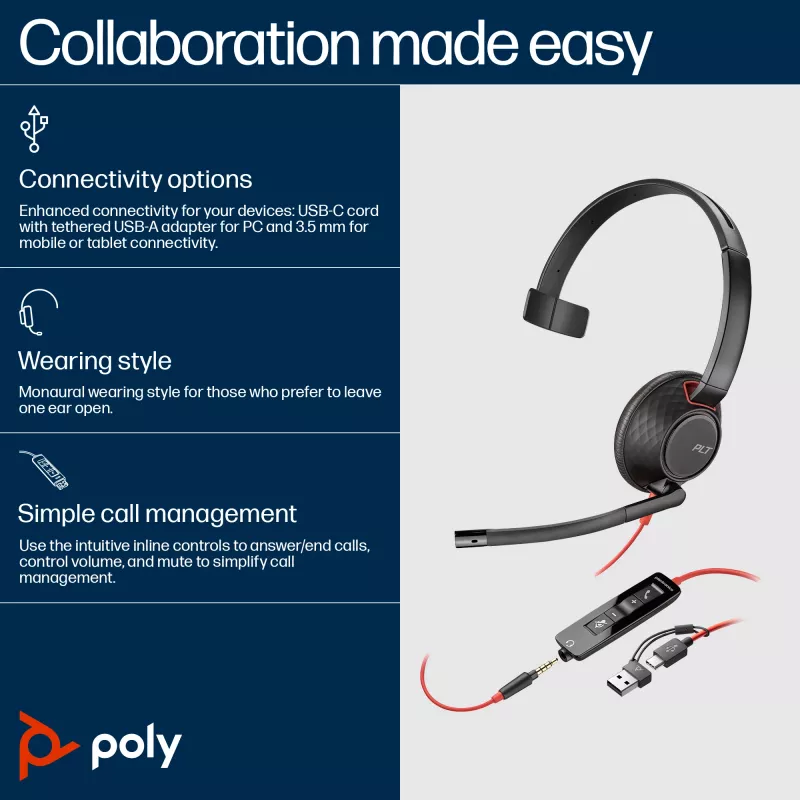 HP Poly Blackwire 5210 Monofoninė ausinė USB-C + 3,5 mm kištukas + USB-C/A adapteris