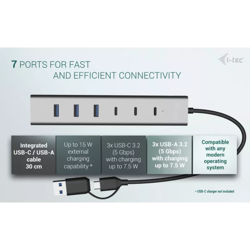 i-tec USB-C/USB-A Įkrovimo metalinis HUB 7 prievadų (3x USB-C, 4x USB-A)