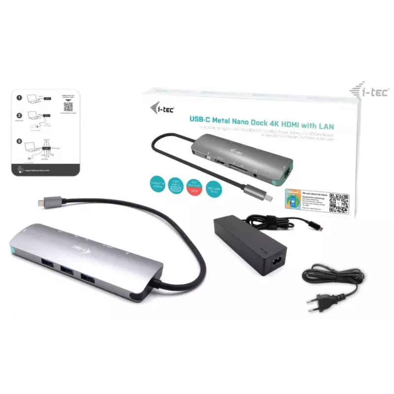 i-tec USB-C Metal Nano Docking Station 4K HDMI LAN su Power Delivery 100W ir Universal Charger 100W
