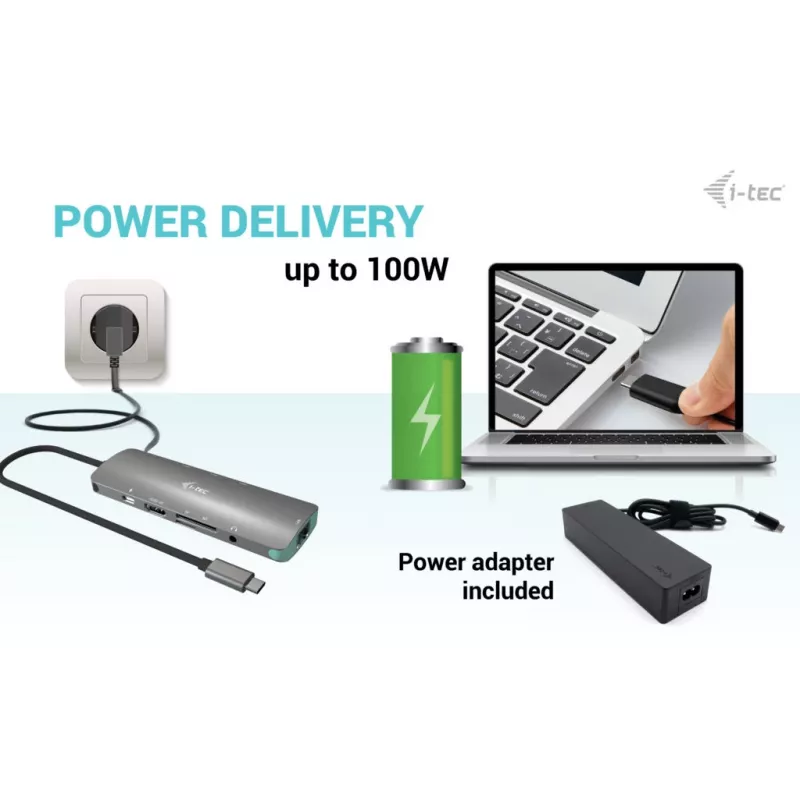 i-tec USB-C Metal Nano Docking Station 4K HDMI LAN su Power Delivery 100W ir Universal Charger 100W