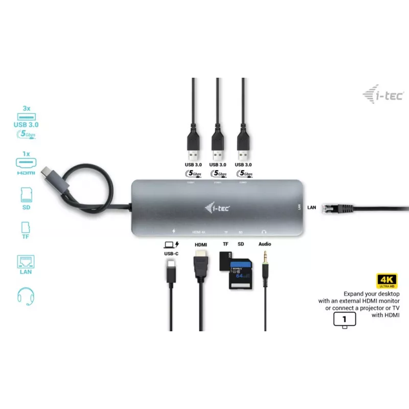 i-tec USB-C Metal Nano Docking Station 4K HDMI LAN su Power Delivery 100W ir Universal Charger 100W