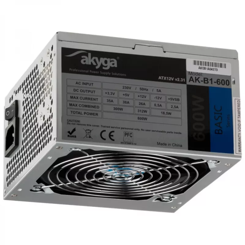 Akyga Basic AK-B1-600 ATX maitinimo blokas 600 W, 120 mm ventiliatorius, pasyvus PFC, pilkas