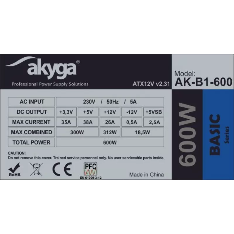 Akyga Basic AK-B1-600 ATX maitinimo blokas 600 W, 120 mm ventiliatorius, pasyvus PFC, pilkas