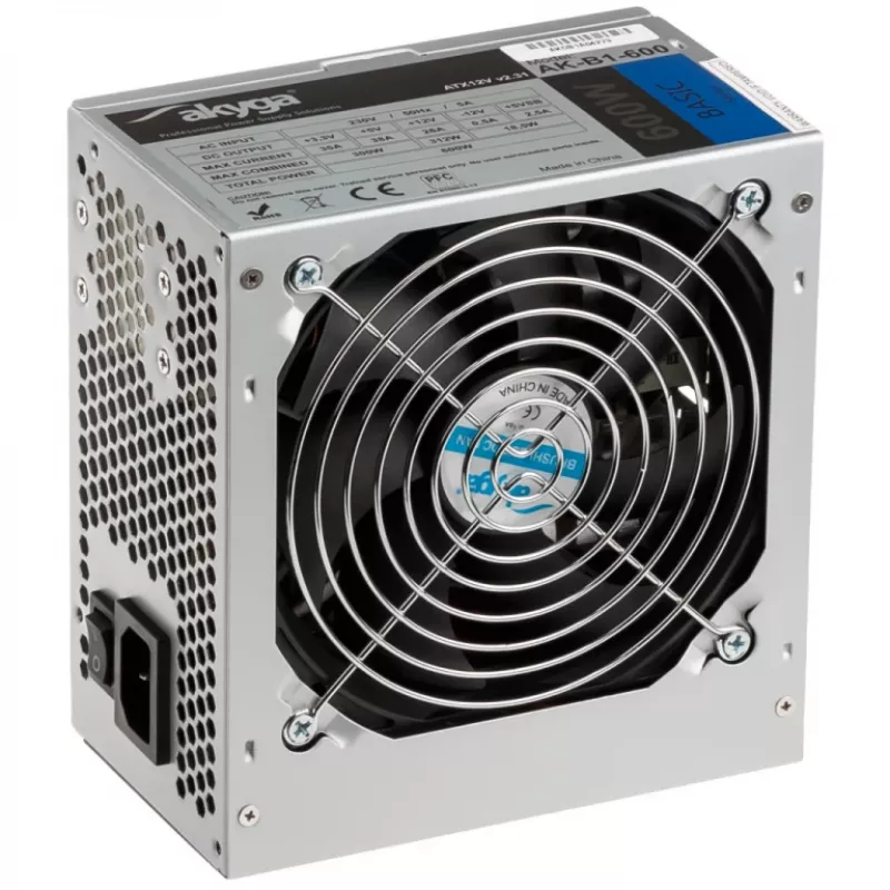 Akyga Basic AK-B1-600 ATX maitinimo blokas 600 W, 120 mm ventiliatorius, pasyvus PFC, pilkas