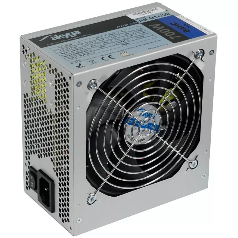 Akyga AK-B1-700 Basic 700 W ATX maitinimo blokas, pasyvusis PFC, 120 mm ventiliatorius, pilkas