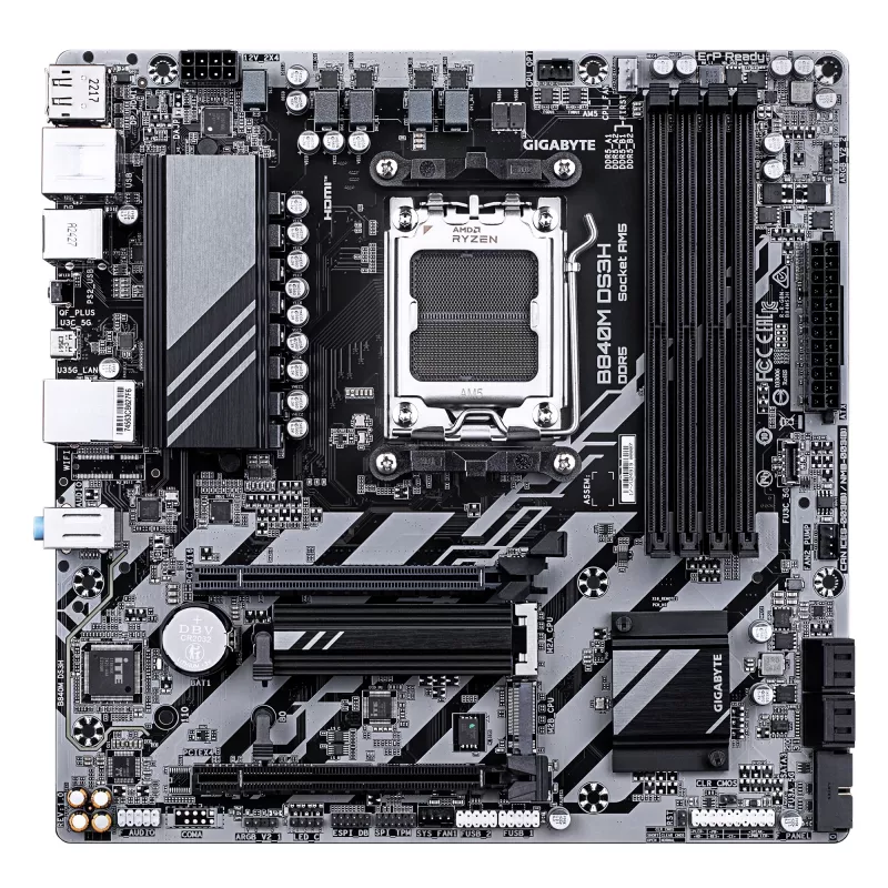GIGABYTE B840M DS3H pagrindinė plokštė – AMD Ryzen 9000, 8+2+2 VRM, iki 8200 MHz DDR5, 2xPCIe 4.0 M.2, 2.5GbE LAN