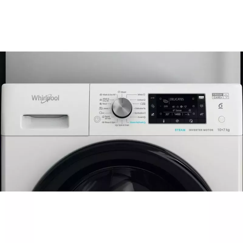 Whirlpool FFWDD1076258B skalbyklė su džiovintuvu, laisvai pastatoma, priekinio pakrovimo, balta