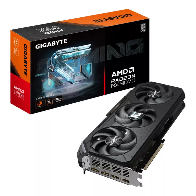 GIGABYTE vaizdo plokštė Radeon RX 9070 – 16 GB GDDR6, PCIe 5.0, 256 bitų, 2700 MHz boost, 2×HDMI 2.1b, 2×DP 2.1a, 3 ventiliatoriai