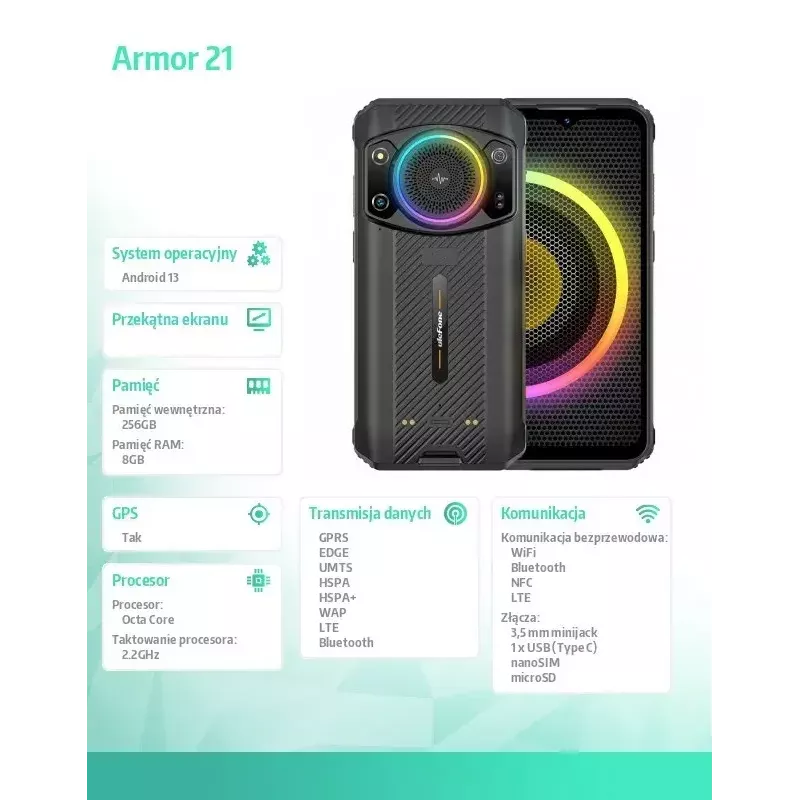 Išmanusis telefonas UleFone Armor 21 – 6,58 colio ekranas, 8 GB RAM, 256 GB atmintis, juoda spalva