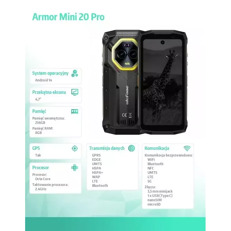Išmanusis telefonas UleFone Armor Mini 20 Pro 4G 6,1 colio 8/256 GB juodos spalvos, energijos klasė B