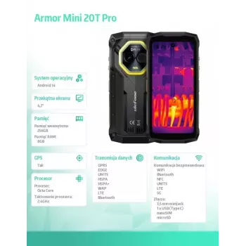 Išmanusis telefonas UleFone Armor Mini 20T Pro 5G, 4,7 colių ekranas, 8 GB RAM, 256 GB atminties, juoda