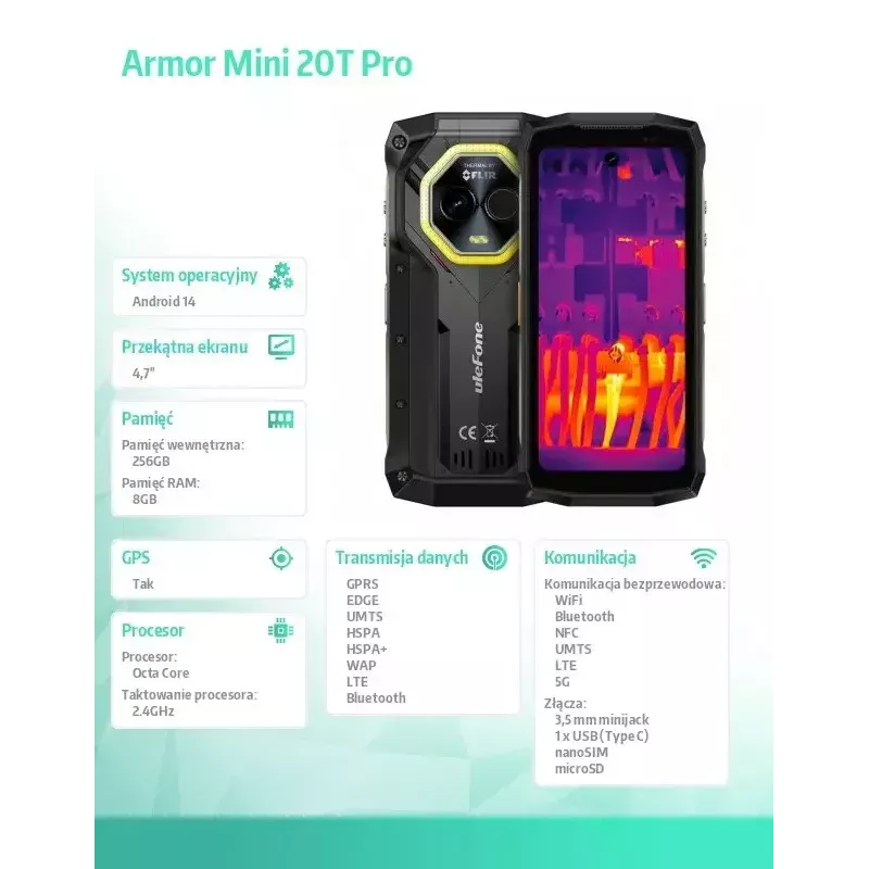Išmanusis telefonas UleFone Armor Mini 20T Pro 5G, 4,7 colių ekranas, 8 GB RAM, 256 GB atminties, juoda