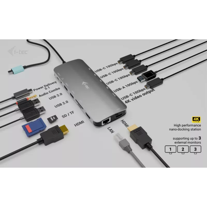i-tec Metal USB-C Nano 3x Display Dock, 2x HDMI 1x USB-C vaizdo išvestis su Power Delivery 140 W + Universalus 140 W įkroviklis