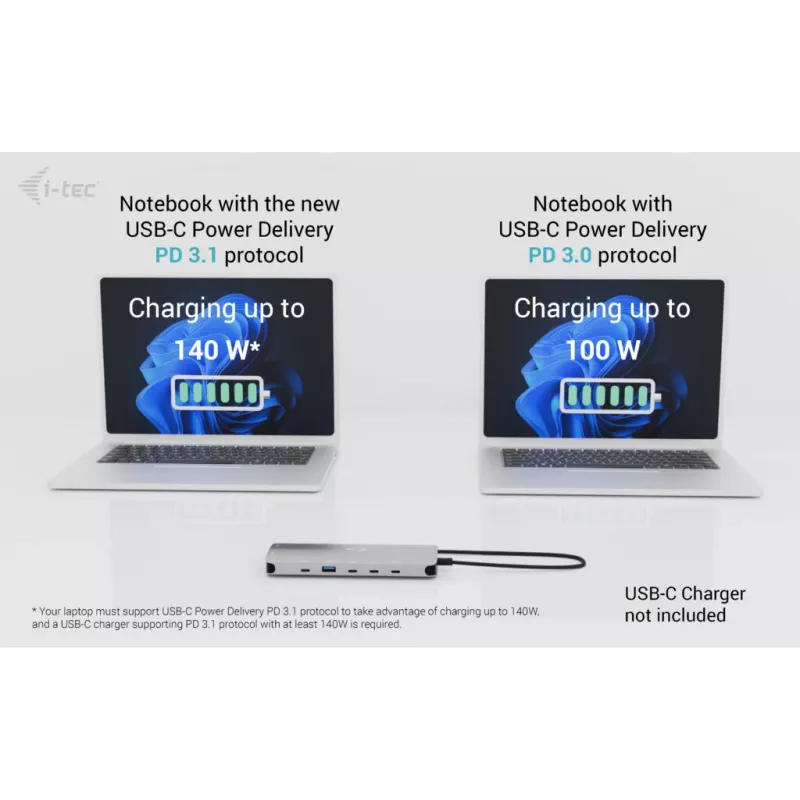 i-tec Metal USB-C Nano 3x Display Dock, 2x HDMI 1x USB-C vaizdo išvestis su Power Delivery 140 W + Universalus 140 W įkroviklis