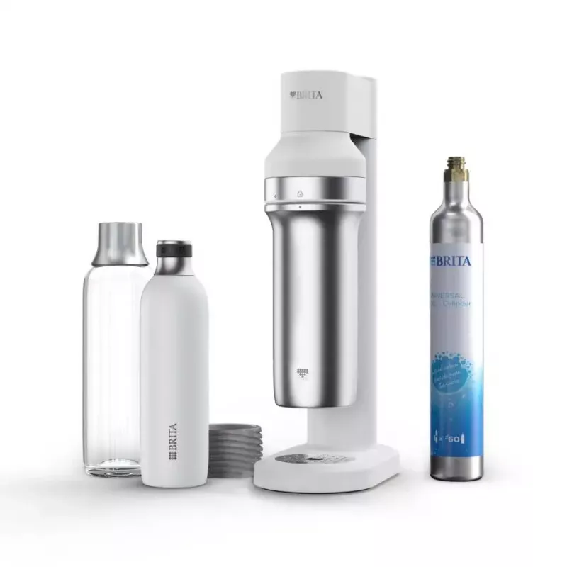 Sodos aparatas BRITA Carbonator 1046730 Baltas – kompaktiškas gazuoto vandens gamintojas su 2 buteliais (231×126×443 mm)