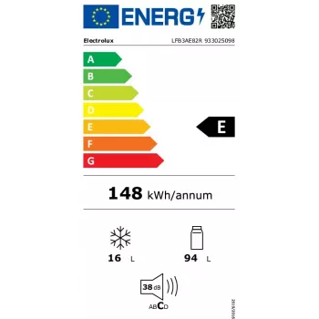 Įmontuojamas kombinuotas šaldytuvas Electrolux LFB3AE82R — 93 L talpa, 16 L viršutinis šaldiklis, liečiamas valdymas, reversinės durelės, baltas