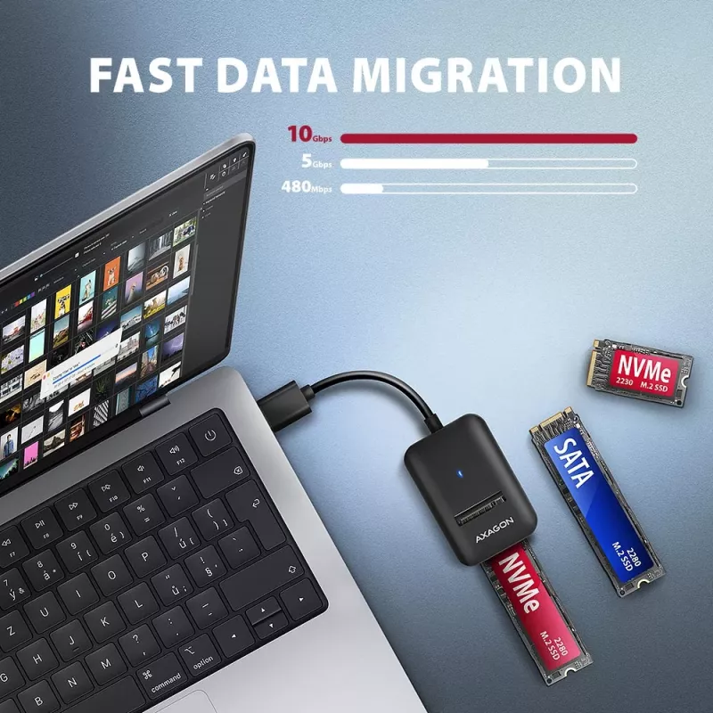 AXAGON ADM2-AM korpusas M.2 NVMe/SATA SSD USB-A 10Gbps, juodas