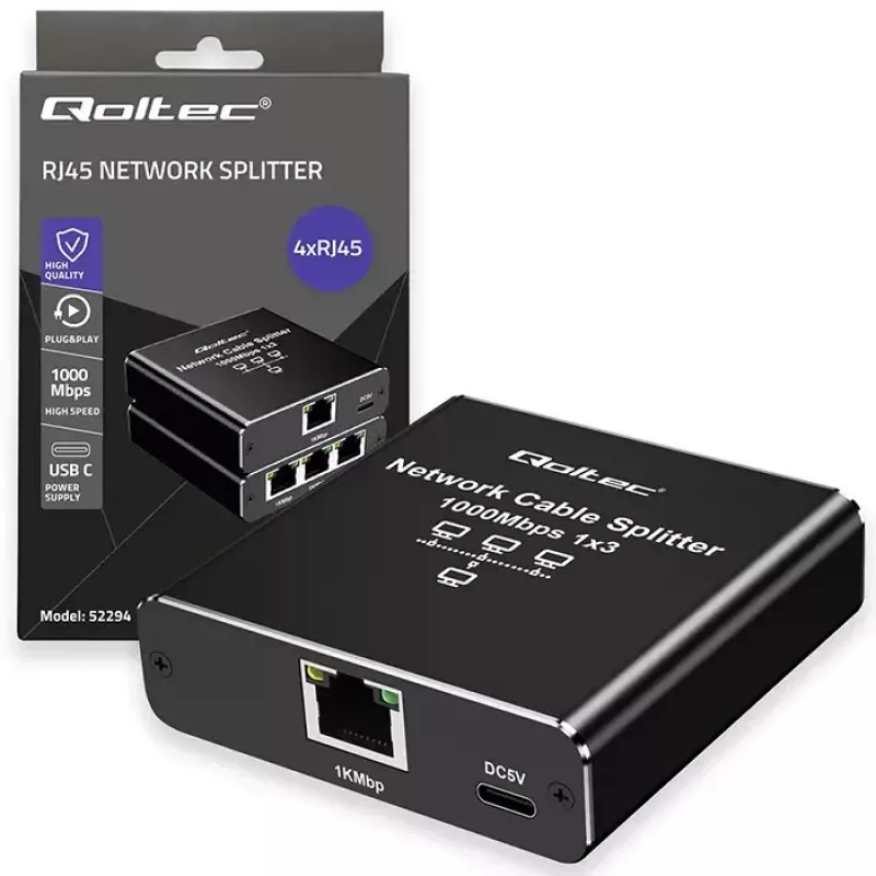 Eterneto skirstytuvas QOLTEC 52294 1x3 RJ45 su USB-C maitinimo įvadu