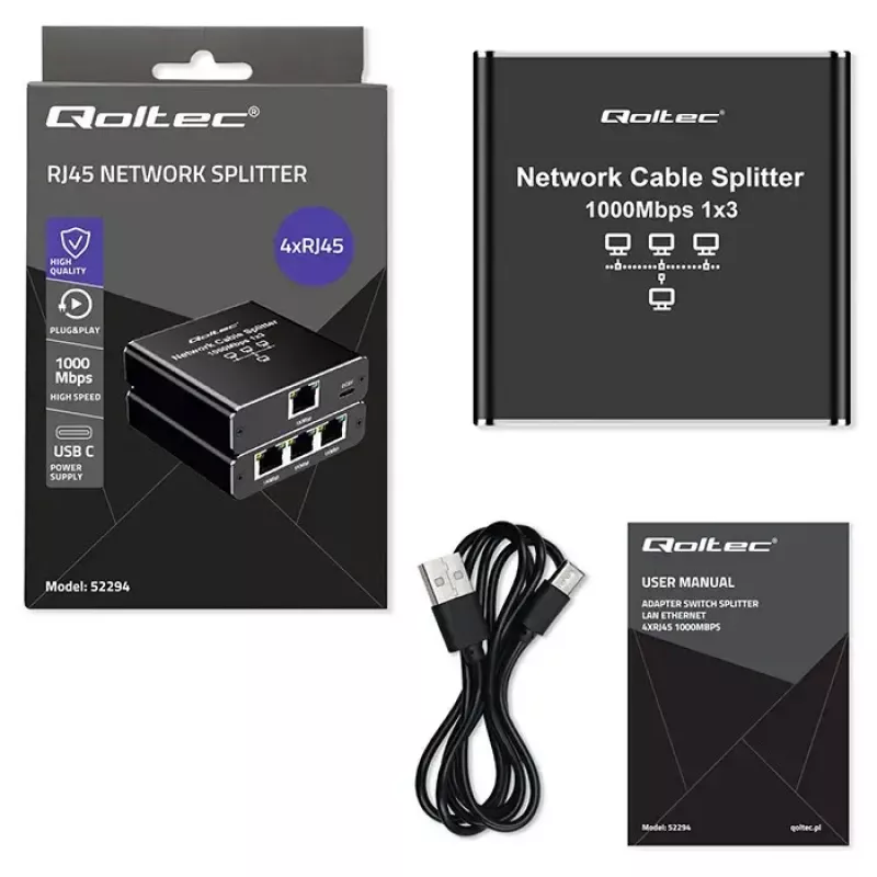 Eterneto skirstytuvas QOLTEC 52294 1x3 RJ45 su USB-C maitinimo įvadu