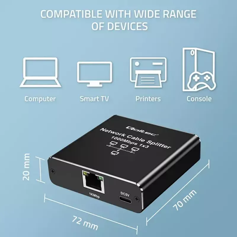 Eterneto skirstytuvas QOLTEC 52294 1x3 RJ45 su USB-C maitinimo įvadu