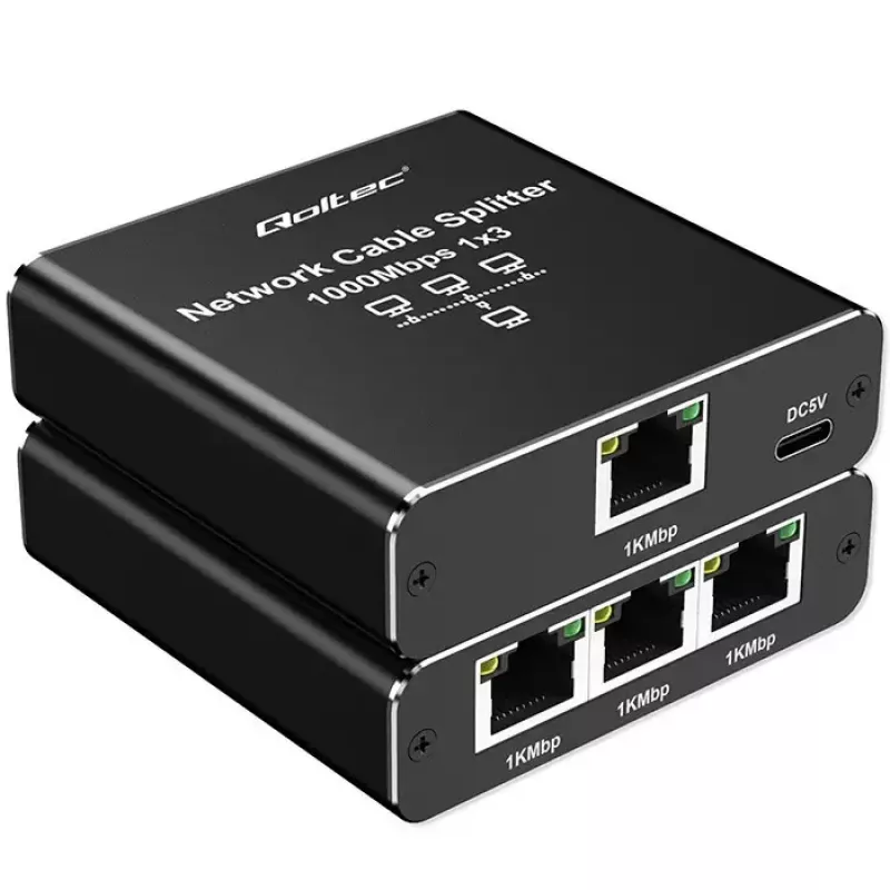 Eterneto skirstytuvas QOLTEC 52294 1x3 RJ45 su USB-C maitinimo įvadu