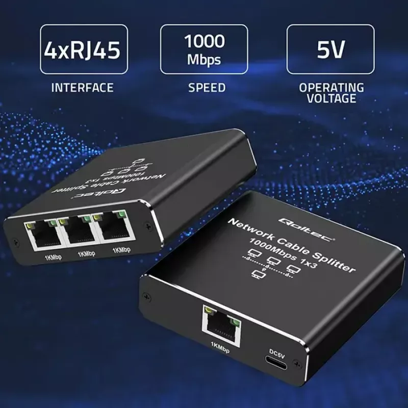 Eterneto skirstytuvas QOLTEC 52294 1x3 RJ45 su USB-C maitinimo įvadu