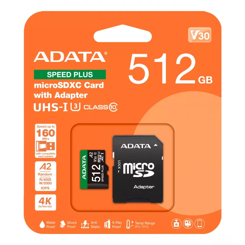 ADATA Speed Plus 512 GB MicroSDXC atminties kortelė, Class 10, UHS-I U3, V30