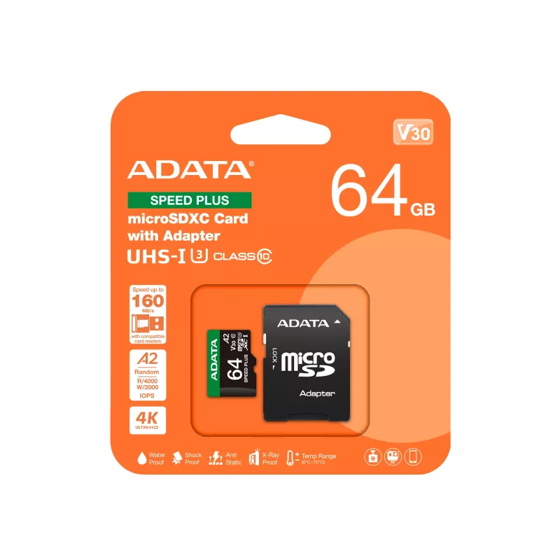 MicroSDXC atminties kortelė ADATA Speed Plus 64GB UHS Class 3 UD64GUI3V30A2SP-RA1