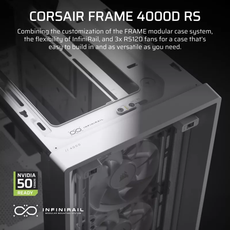 Korpusas CORSAIR FRAME 4000D RS Midi Tower Baltas — ATX, grūdintas stiklas, 3x120mm priekiniai ventiliatoriai, palaiko 360/240/140mm radiatorius