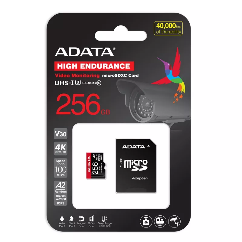 MicroSDXC atminties kortelė ADATA 256 GB AUSDX256GUI3V30SHA2-RA1 UHS-I Class 10 V30 (skaitymas 100 MB/s, rašymas 80 MB/s) su SD adapteriu