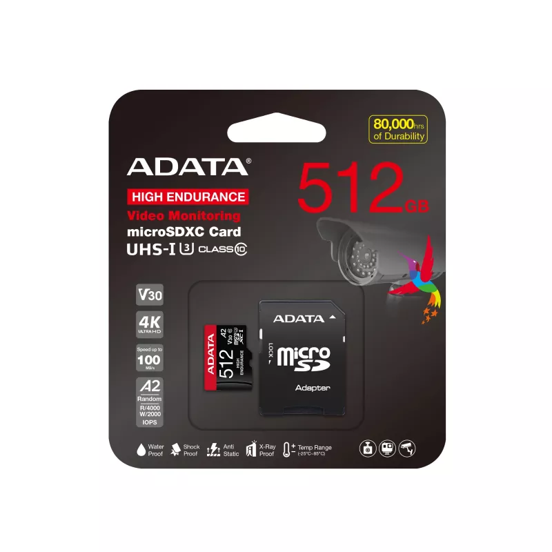 MicroSDXC atminties kortelė ADATA 512GB UHS‑I U3 V30 Class 10 A2, 100/85 MB/s, atspari vandeniui