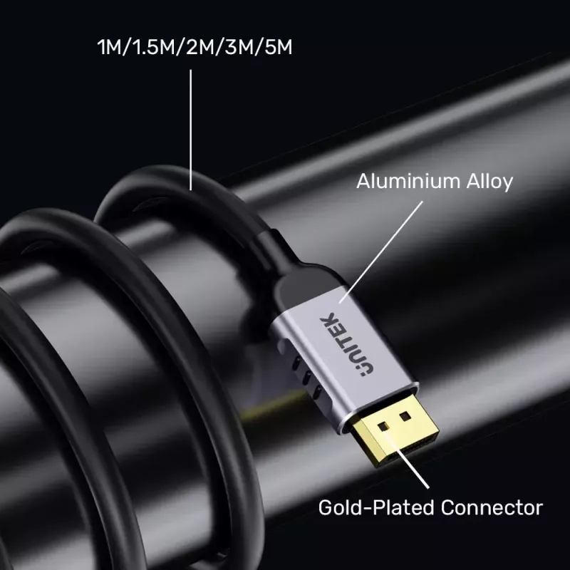 DisplayPort kabelis Unitek C1628GY01-2M — 2 m, DisplayPort 2.1, 7680×4320 @ iki 240 Hz, 32.4 kanalai, alavuota varis