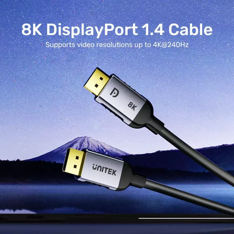 DisplayPort kabelis Unitek C1628GY01-2M — 2 m, DisplayPort 2.1, 7680×4320 @ iki 240 Hz, 32.4 kanalai, alavuota varis