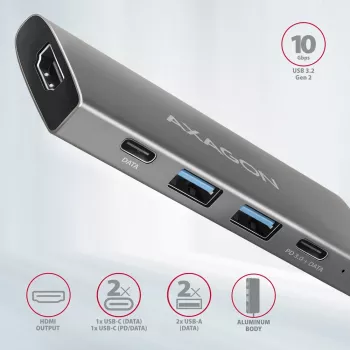 Axagon HMC-5G21 USB 10Gbps centras, 2x USB-A, 2x USB-C, HDMI 4k/30Hz, PD 60W, USB-C kabelis