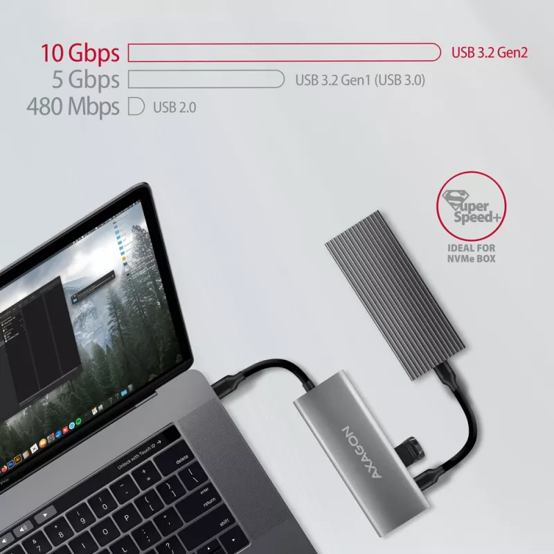 Axagon HMC-5G21 USB 10Gbps centras, 2x USB-A, 2x USB-C, HDMI 4k/30Hz, PD 60W, USB-C kabelis