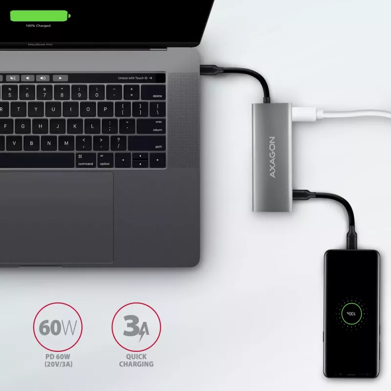 Axagon HMC-5G21 USB 10Gbps centras, 2x USB-A, 2x USB-C, HDMI 4k/30Hz, PD 60W, USB-C kabelis