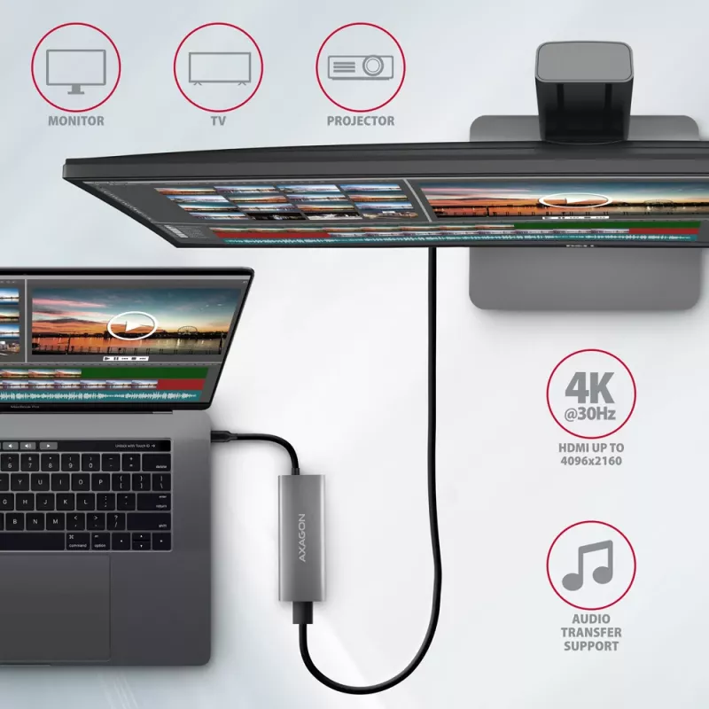 Axagon HMC-5G21 USB 10Gbps centras, 2x USB-A, 2x USB-C, HDMI 4k/30Hz, PD 60W, USB-C kabelis