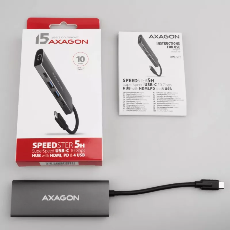 Axagon HMC-5G21 USB 10Gbps centras, 2x USB-A, 2x USB-C, HDMI 4k/30Hz, PD 60W, USB-C kabelis
