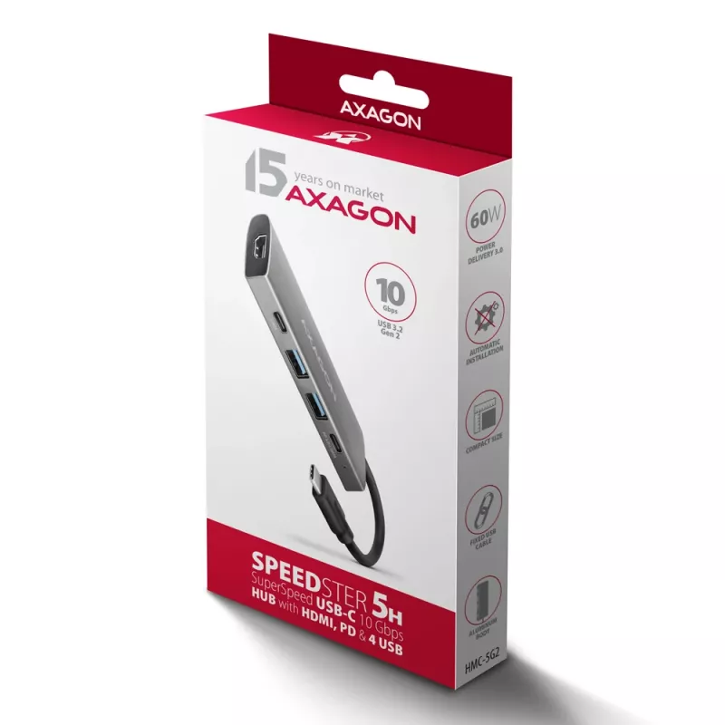 Axagon HMC-5G21 USB 10Gbps centras, 2x USB-A, 2x USB-C, HDMI 4k/30Hz, PD 60W, USB-C kabelis
