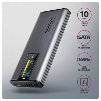 Axagon EEM2-SD2 USB-C 10Gbps – išorinė M.2 NVMe ir SATA SSD dėžutė su ekranu