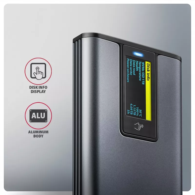 Axagon EEM2-SD2 USB-C 10Gbps – išorinė M.2 NVMe ir SATA SSD dėžutė su ekranu