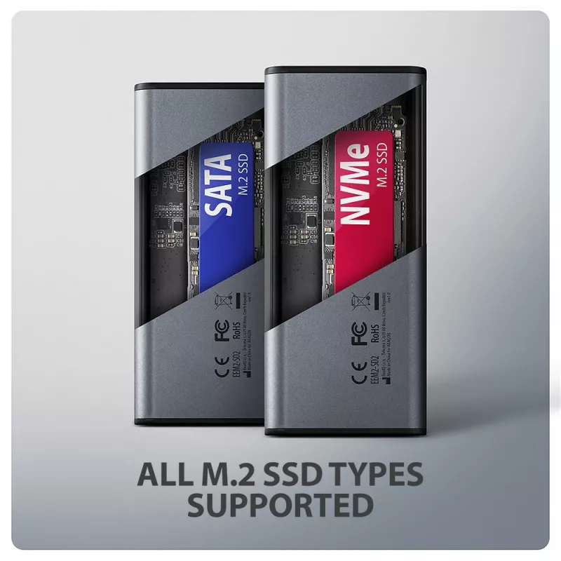 Axagon EEM2-SD2 USB-C 10Gbps – išorinė M.2 NVMe ir SATA SSD dėžutė su ekranu