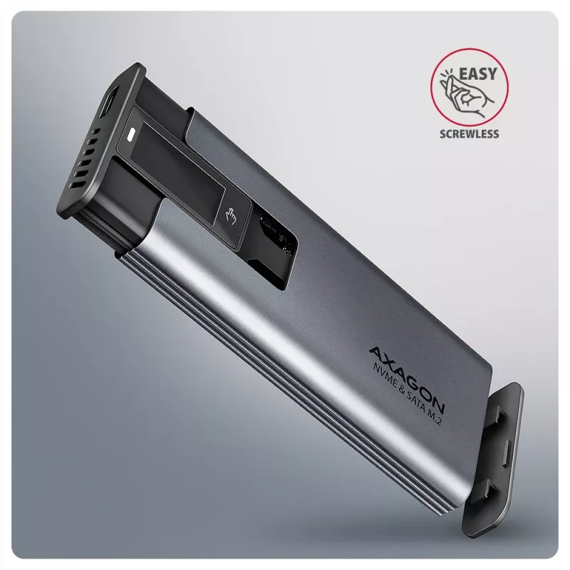 Axagon EEM2-SD2 USB-C 10Gbps – išorinė M.2 NVMe ir SATA SSD dėžutė su ekranu