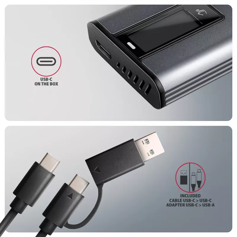 Axagon EEM2-SD2 USB-C 10Gbps – išorinė M.2 NVMe ir SATA SSD dėžutė su ekranu