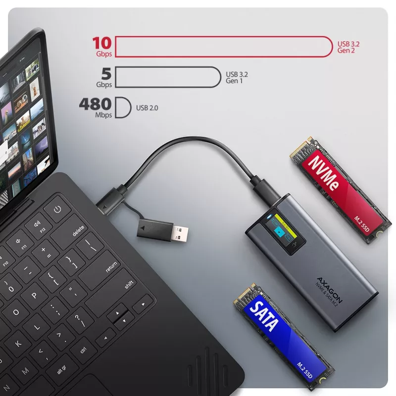 Axagon EEM2-SD2 USB-C 10Gbps – išorinė M.2 NVMe ir SATA SSD dėžutė su ekranu